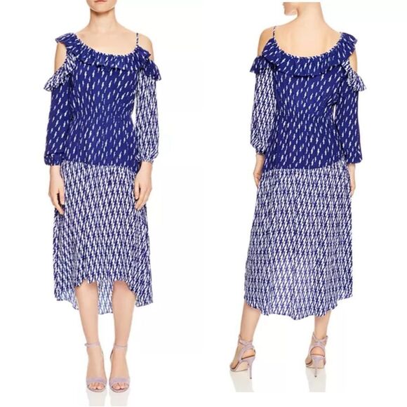 Sandro Lightning Bolt Bare Shoulder Crepe Dress Blue Kemila Size 38 Medium - Picture 1 of 14